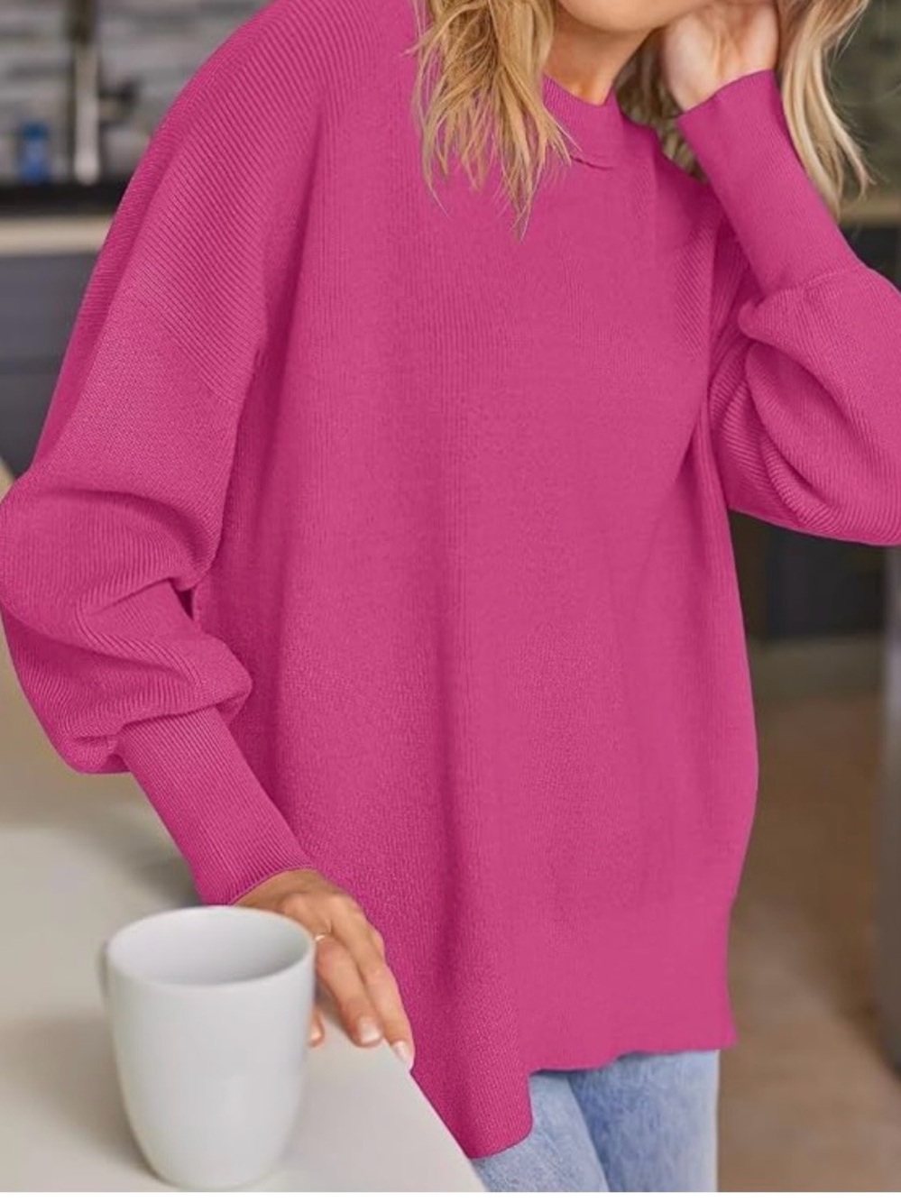 Amazon Women’s Crewneck Bubble Sleeve Sweater - Fuchsia Pink